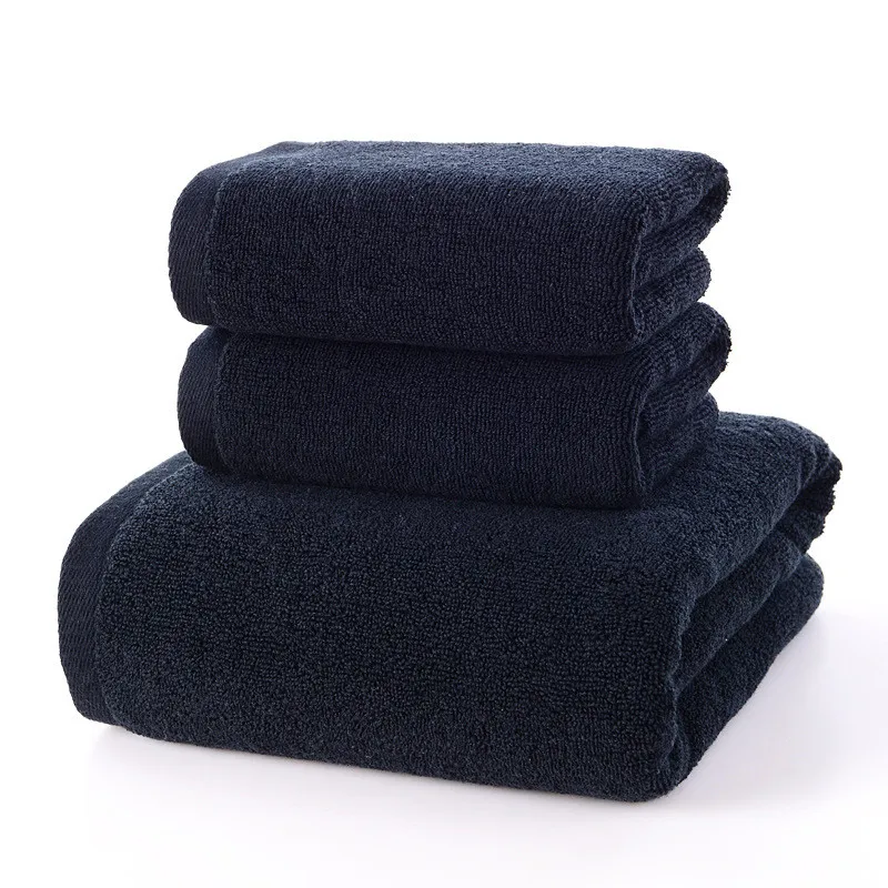 

3pcs Wholesale Solid Terry Cotton Black Towel Set High Quality Small Face Hand Towel and Large Bath Shower Towels Bathroom Set