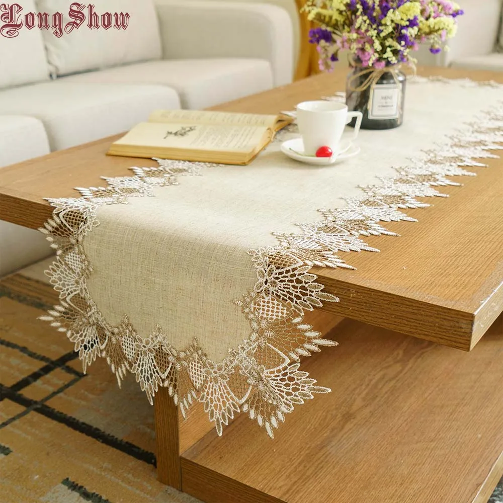 linen LongShow Элегантный лен Винтажный стиль вышитая кружевная отделка декоративный обеденный стол бегун - Цвет: linen