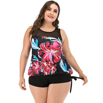 

Plus Size Tankini Two Piece Swimsuit Women Floral Mesh Swimwear Retro Bathing Suit with Beach Shorts Side Tied Swimsuit 2020