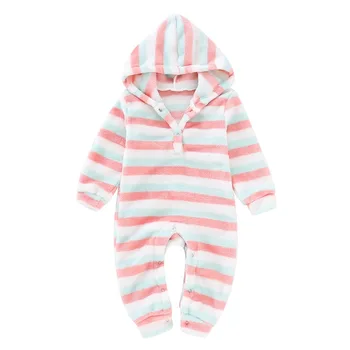 

0-18M Baby Boys Girls Long Rompers Winter Warm leeve Striped Print Hoodie Plush Baby Outfits