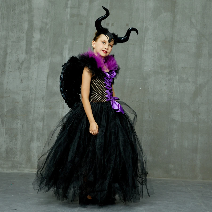 Kids Maleficent Evil Queen Girls Halloween Fancy Tutu Dress Costume Children Christening Dress Up Black Gown Villain Clothes (11)
