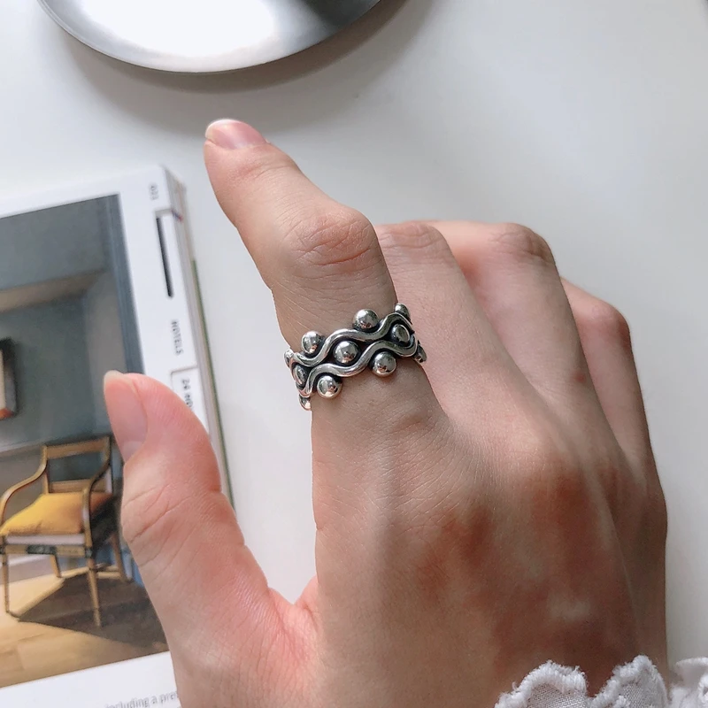 

925 Sterling Silver Ball Stackable Ring Vintage Silver Stacking Ring Adjustable Geometry Polished Wave For Elegant Women Jewelry