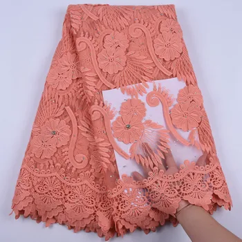 

African Milk Silk Lace Fabric With Stones High Quality Orange 3d Flower French Tulle Lace Fabric For Dresses Silk Fabric 1605