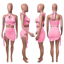  HAOYUAN Sexy Two Piece Set Vacation Outfits for Women Rave Summer Clothes Halter Crop Top Mini Skirt Matching Club Dress Sets 
