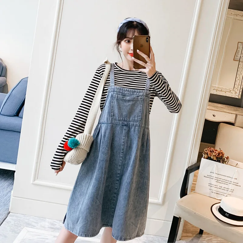 

2019 Autumn Clothing New Style Large Size Dress Large GIRL'S Korean-style Cowboy Strap Dress Long Sleeve Stripes T-shirt Two-Pie