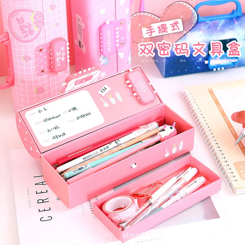 

Pencil Case Double Password Lock Multi-function Pen Boxes School Supplies Large Capacity Portable Cosmetic bag Multi-layer Girl