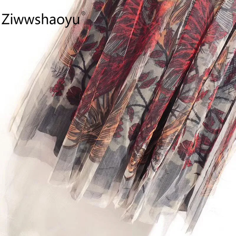 Ziwwshaoyu шелк Тотем Печать Летняя Сетка длинная юбка женская одежда высокого качества Новинка