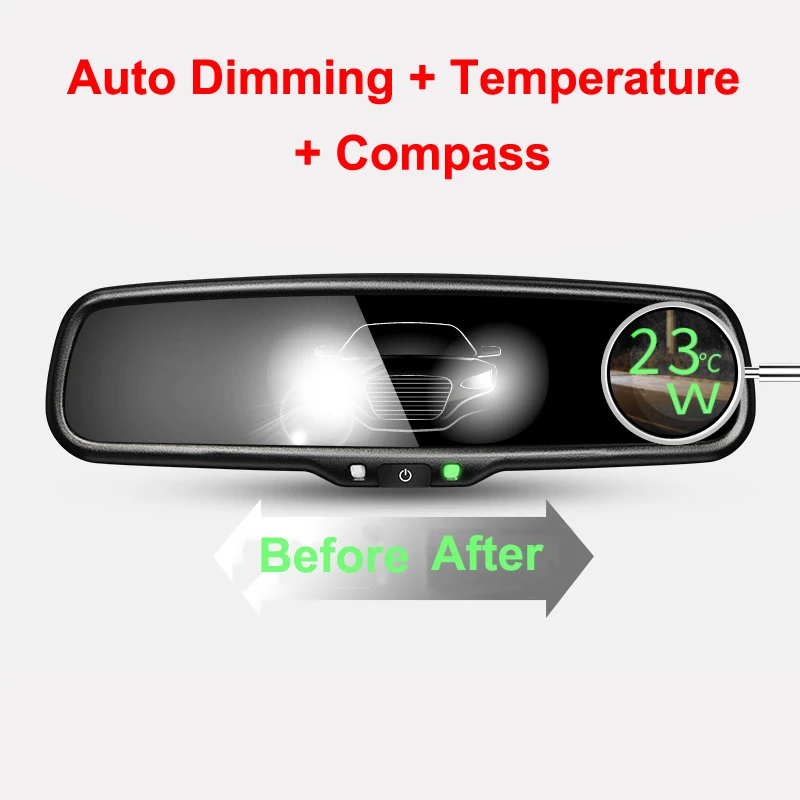 ANSHILONG Car Rear View Rearview Interior Auto Dimming Mirror with Temperature Compass and