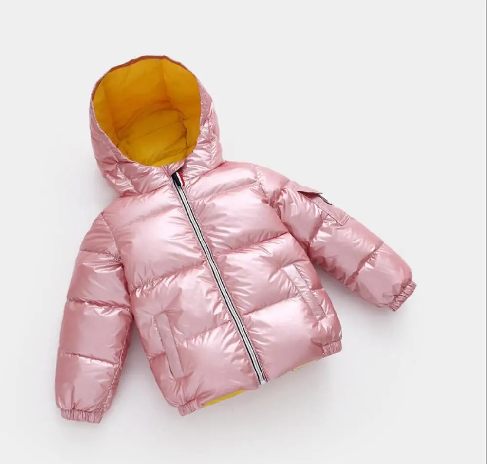 pink Детская зимняя куртка Одежда для маленьких мальчиков и девочек водонепроницаемый Зимний комбинезон для девочек и мальчиков, пуховые куртки золотого и серебряного цветов Детская парка с капюшоном - Цвет: pink