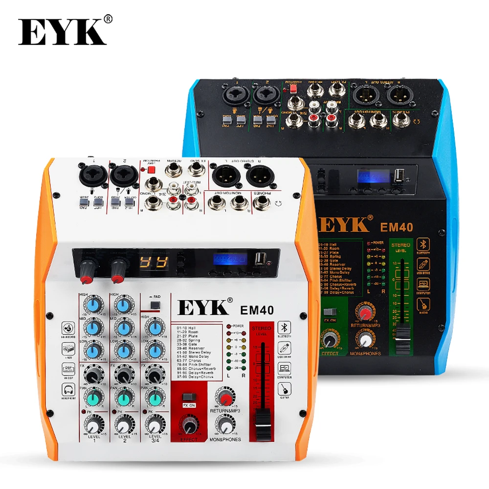 EYK EM40 Professional Audio Mixer with Sound Card 4 Channel Mixing Console PC USB Play Recording Bluetooth 99 DSP Guitar PAD audio mixer sound card audio interface