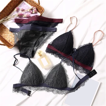 

French Ultra-thin Bralette Women Wire Free Breathable Bra Set Sexy Lace Soft Cup Bras Triangle Cup Leisure Pink Underwear Sets
