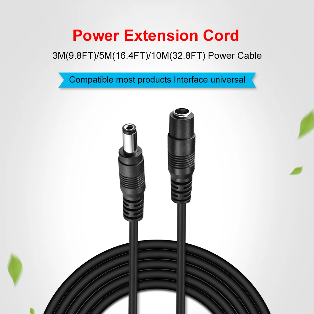 Gadinan DC12V Power Cord Cable Extender 3m/5m/10m 5.5mm x 2.1mm Male Plug Extension Cord For 12V Security CCTV IP Wifi Camera
