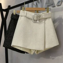Tweed shorts das mulheres 2021 outono e inverno novo design irregular de seda brilhante cintura alta emagrecimento perna larga woolen curto femme