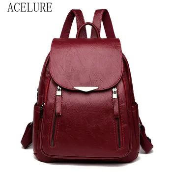 

ACELURE Casual Backpack Female Solid PU Leather Backpacks Large Capacity School Bag for Girls Double Zipper Leisure Students Bag