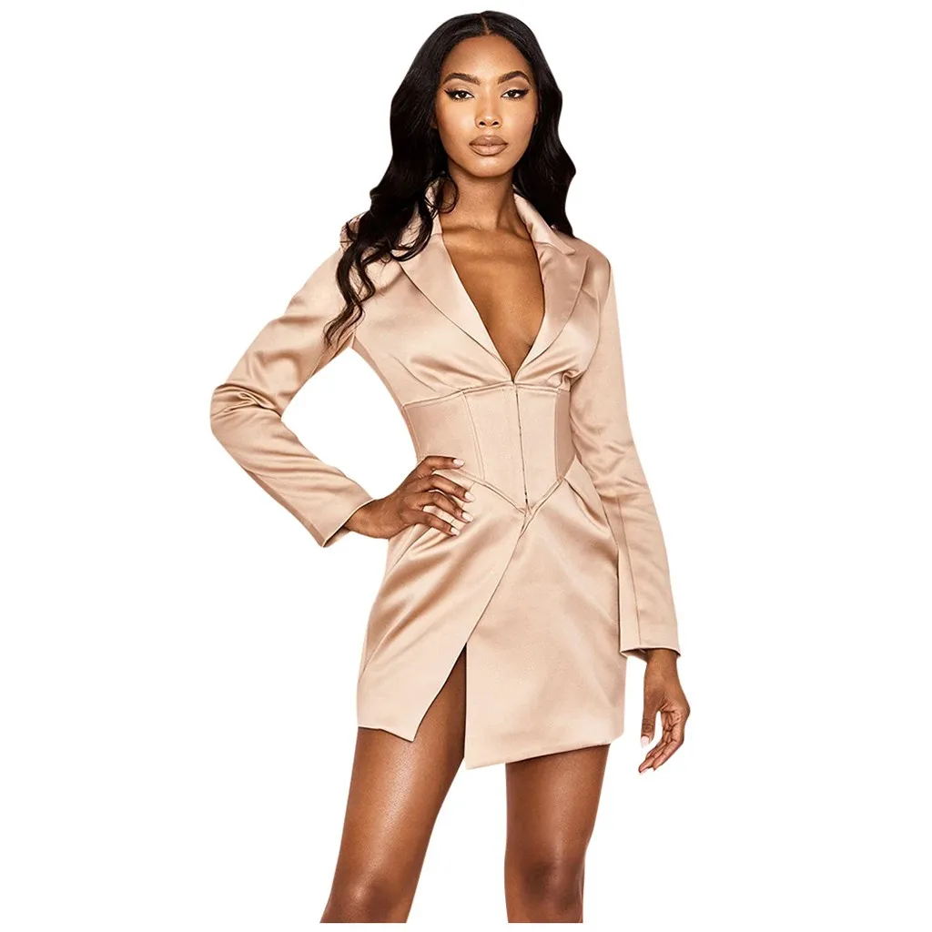 Dress Women's Dress Casual Dress Women  Deep V-Neck Full Sleeve Solid Womens Dresses New Arrival 2019