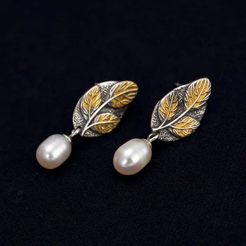 

Solid 925 Sterling Silver leaf drop earring Vintage fresh water natural Pearl Earrings fine jewelry for Women 2020 new