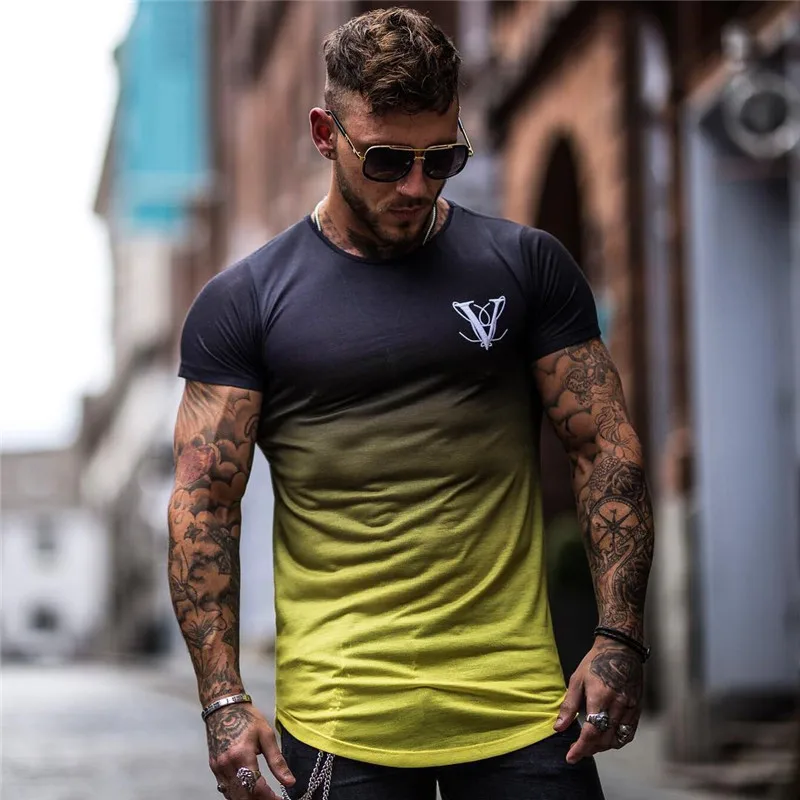 

Camiseta de moda de Color degradado para hombre de compresiуn rбpida transpirable para hombre de manga corta de Fitness para hom