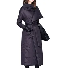 Женская зимняя куртка на утином пуху, длинная, толстая, тонкая, приталенная, с поясом, пальто для женщин размера плюс, теплый пуховик для женщин