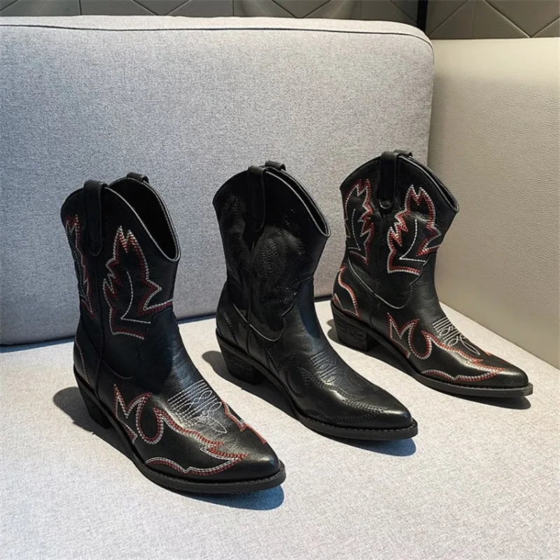

2019 Genuine Leather Cowboy Boots Women Western V Slip On Cowgirl Short Ankle Boots Women Chunky Heels RMartens Woman Booties