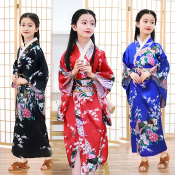 

Kids Japanese Traditional Floral Print Yukata Haori Kimono Girls Obi Vintage Evening Dress Children Fancy Robes Cosplay Costumes