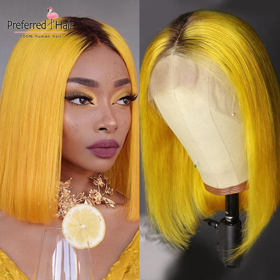 Ombre Yellow Парики из натуральных волос на кружевной основе, цвет желтый, фиолетовый, серый, светильник, парик Remy, бразильский короткий Боб, парики для черных женщин - Цвет: Ombre Yellow