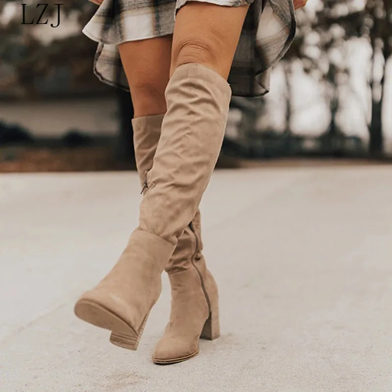 

LZJ Women Knee-High Boots Lace Up Sexy High Heels Women Shoes Lace Up Winter Boot Warm Size 2019 Fashion Boots Zapatos De Mujer