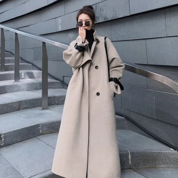 

SuperAen Solid Long Woolen Coat Women's Autumn and Winter 2020 New Turn Down Collar Single Breasted Thick Jacket