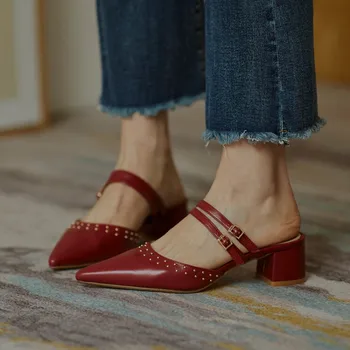 

kmeioo genuine leather slingback pumps pointed toe block heels shallow mule sandals slip-on mule slippers mule slides