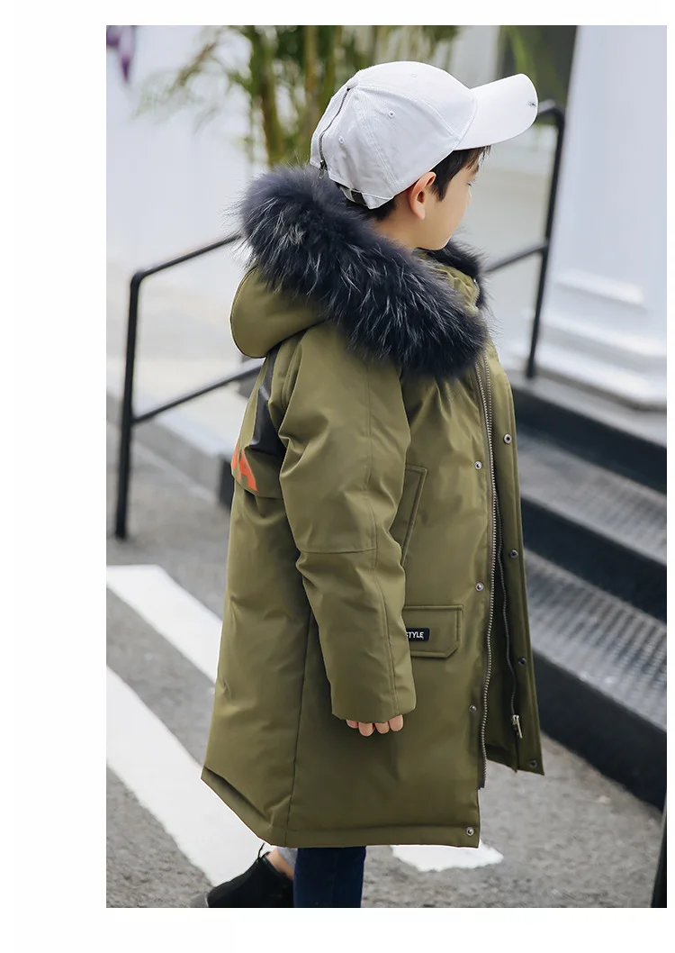 ArmyGreen/зимняя куртка для мальчиков Детский пуховик с капюшоном, новая детская утепленная Вельветовая куртка для мальчиков пальто с искусственным мехом для мальчиков возрастом от 5 до 12 лет