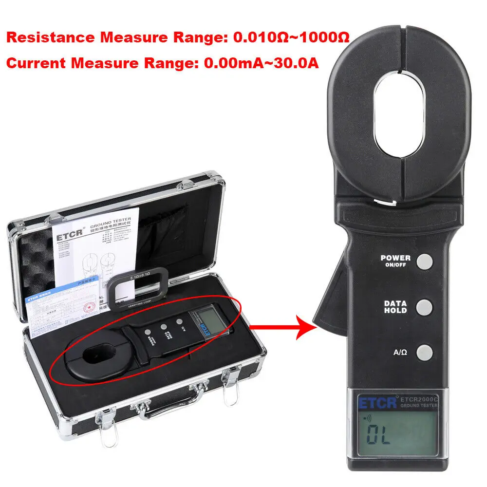 

Clamp Ground Resistance Tester Leakage Current Meter Earth Resistance Gauge Monitor 99 Sets Data Storage 0.01~ 1000 Ohm 0mA~30A