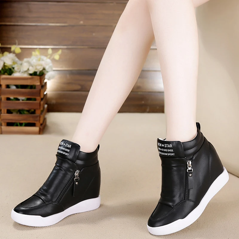 Women Ladies Hidden Wedge Boots Canvas Zip Ankle Shoes Chunky Casual Sneakers