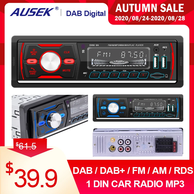 

AUSEK Car Radio Stereo Player DAB+ Digital Bluetooth Car MP3 Player 60W FM AM RDS DAB In Dash Autoradio Music USB/SD AUX Input