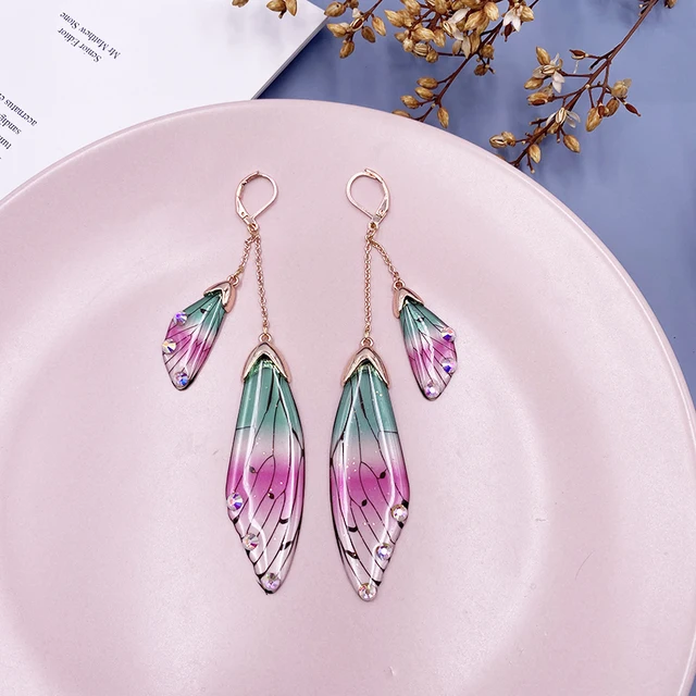 Fairy Resin Butterfly Earrings for Women Shining Crystal Flake Double Wing Long Drop Earrings Ladies Wedding Party Jewelry 2020 RoseGold-Pink Green