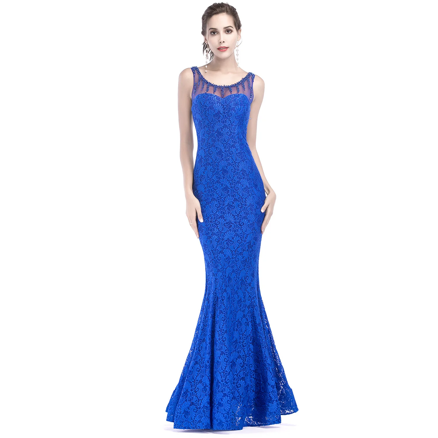 

New Royal blue Lace Mermaid Evening Dress Long Illusion Back Beading Scoop Neck Robe De Soriee longo vestidos de fiesta largos