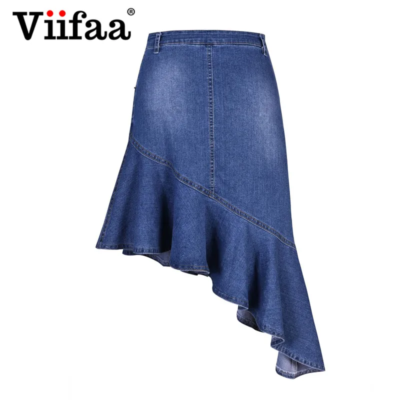 Viifaa Slant Ruffle асимметричный подол Bodycon джинсовые юбки женские лето осень уличная одежда синяя тонкая элегантная юбка