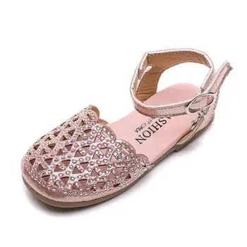 

Spring Summer Sandals Girls Princess With Diamond Children Half Sandals Kids Flat Shoes Breathable Hollow Cut-outs 21-30