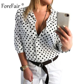 

Forefair Polka Dot Blouse Woman V Neck Casual Loose Vintage Summer Tops Office Work Chiffon Plus Size Black White Women Blouses
