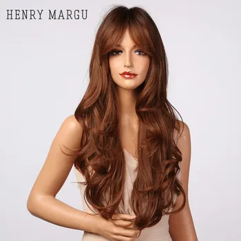 

HENRY MARGU Long Wavy Dark Brown Ombre Synthetic Wigs with Bangs Natural Daily Cosplay Hair Wigs for Women Heat Resistant