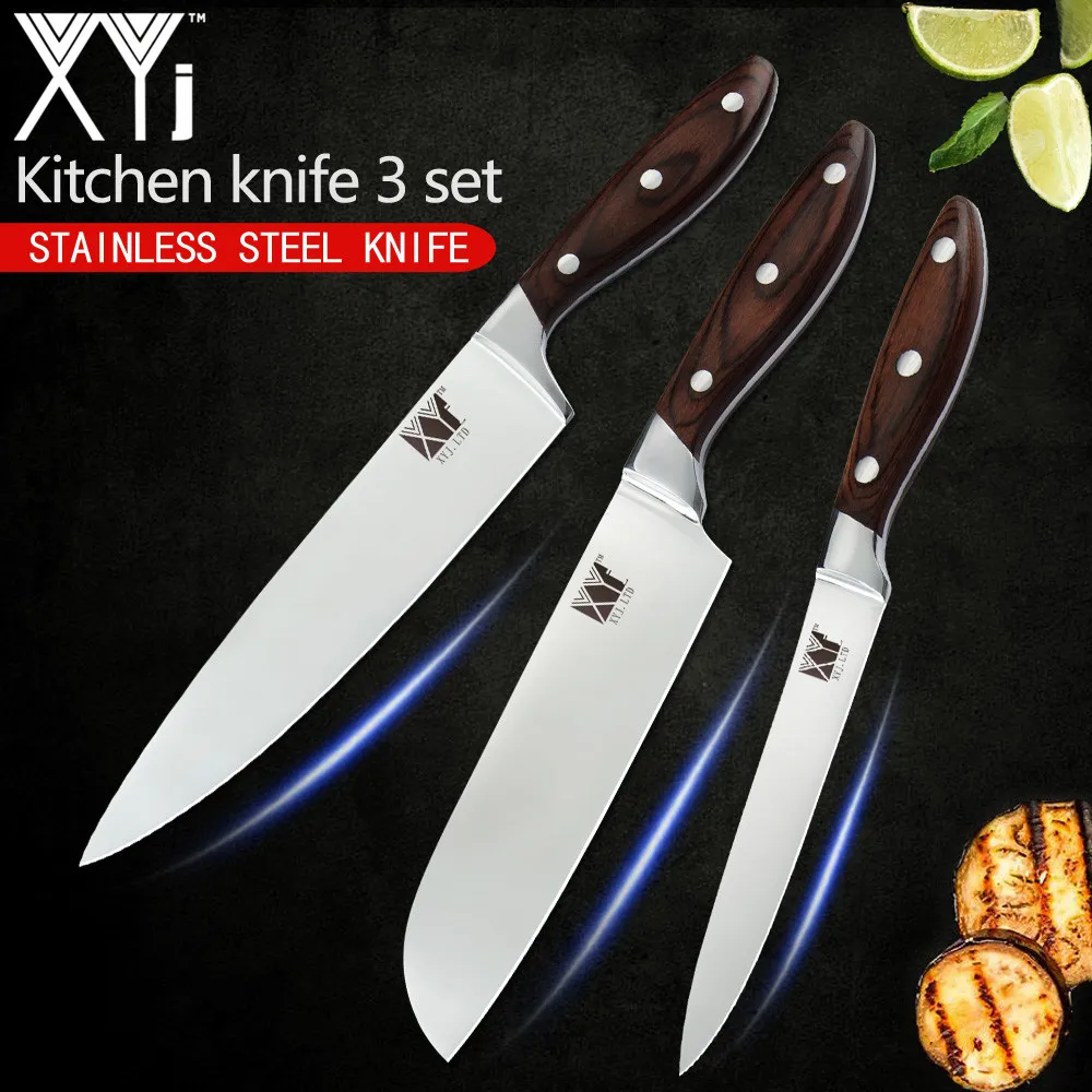 

XYj 8'' Chef 7'' Santoku 5'' Uitlity Stainless Steel Kitchen Knives 7cr17 Super Sharp Blade Color Wood Handle Cooking Knives