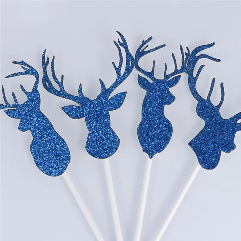 14pcs Cake Toppers Shiny Elk Head Shape Cake Decorations Christmas Wedding Party Dessert Stand Decoration(Purple