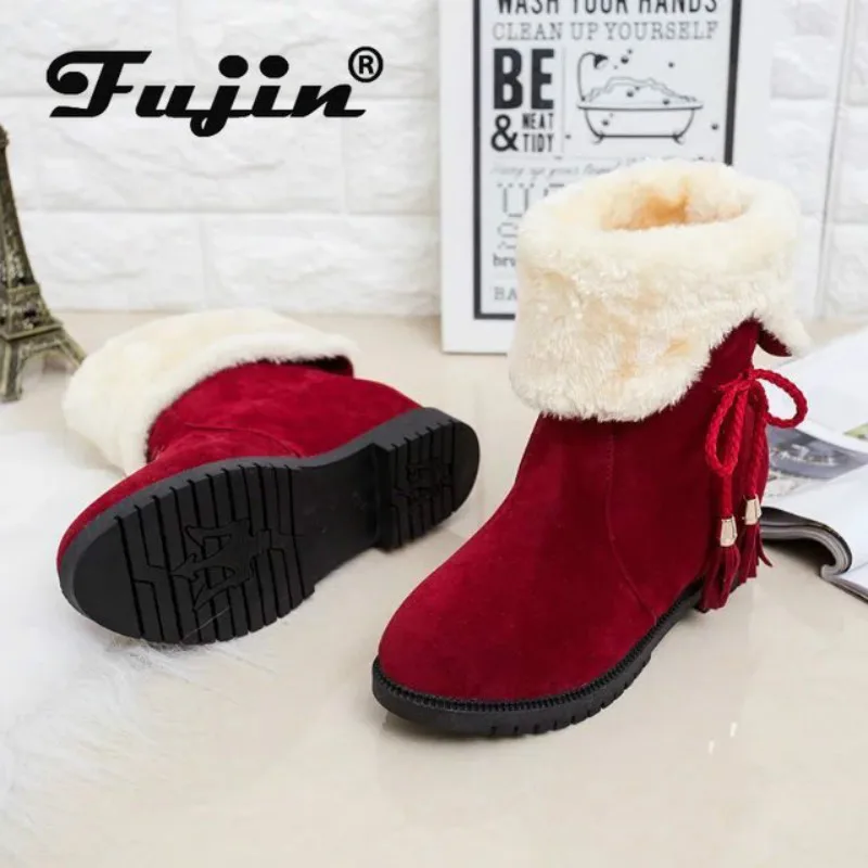 

Fujin Women Boots Winter Plush Keep Warm Hoof Heels Fur Plush Snow Boots Flat Bottom Solid Sewing Leisure Round Toe Women Boots