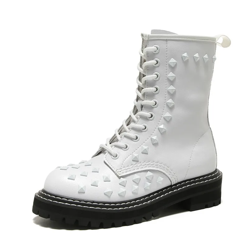 

Motorcycle Military Boots Women Platform Shoes White Genuine Leather Boots Fashion 10 Holes Rhinestone Rivet Women Ladies Boots