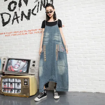 

Johnature 2020 Spring New Casual Wash Denim Spaghetti Strap Loose Women Jumpsuits Fashion Jeans Pockets Print Femal Playsuits