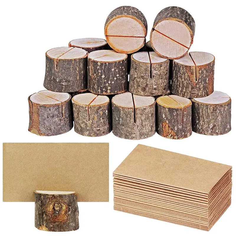 

20pcs Wood Pile Name Place Card Photo Holders Wooden Bark Memo Holder Stump Shape Menu Number Stand Wedding Party Table Decor