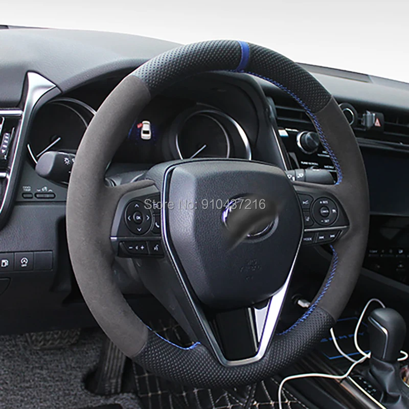

For Toyota CAMRY 8th DIY Black Perforated Suede Leather Hand sewing Steering Wheel Wrap Cover