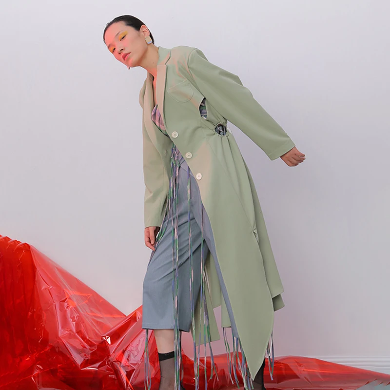 CHICEVER Drawstring выдалбливают Сплит ветровка женский воротник с лацканами длинный рукав Высокая талия неровные тренчи для женщин
