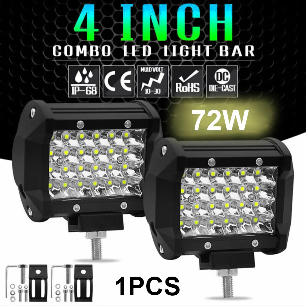 

1pc Car White LED Work Light 12V/24V 4Inch 72W LED Combo Work Light Spotlight Off-Road Driving Fog Lamp Truck Boat 6000K 20000LM