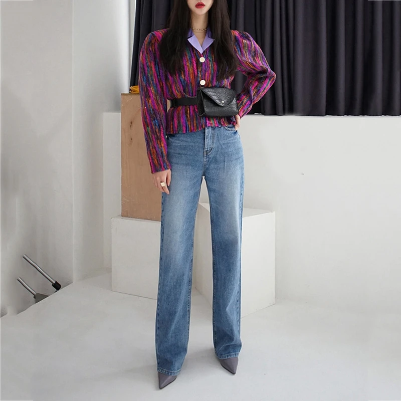 RICININA, Harajuku, пальто, женская куртка,, длинный рукав, пуговицы, радужная полоска, короткие пальто, женская куртка-бомбер, верхняя одежда, весна