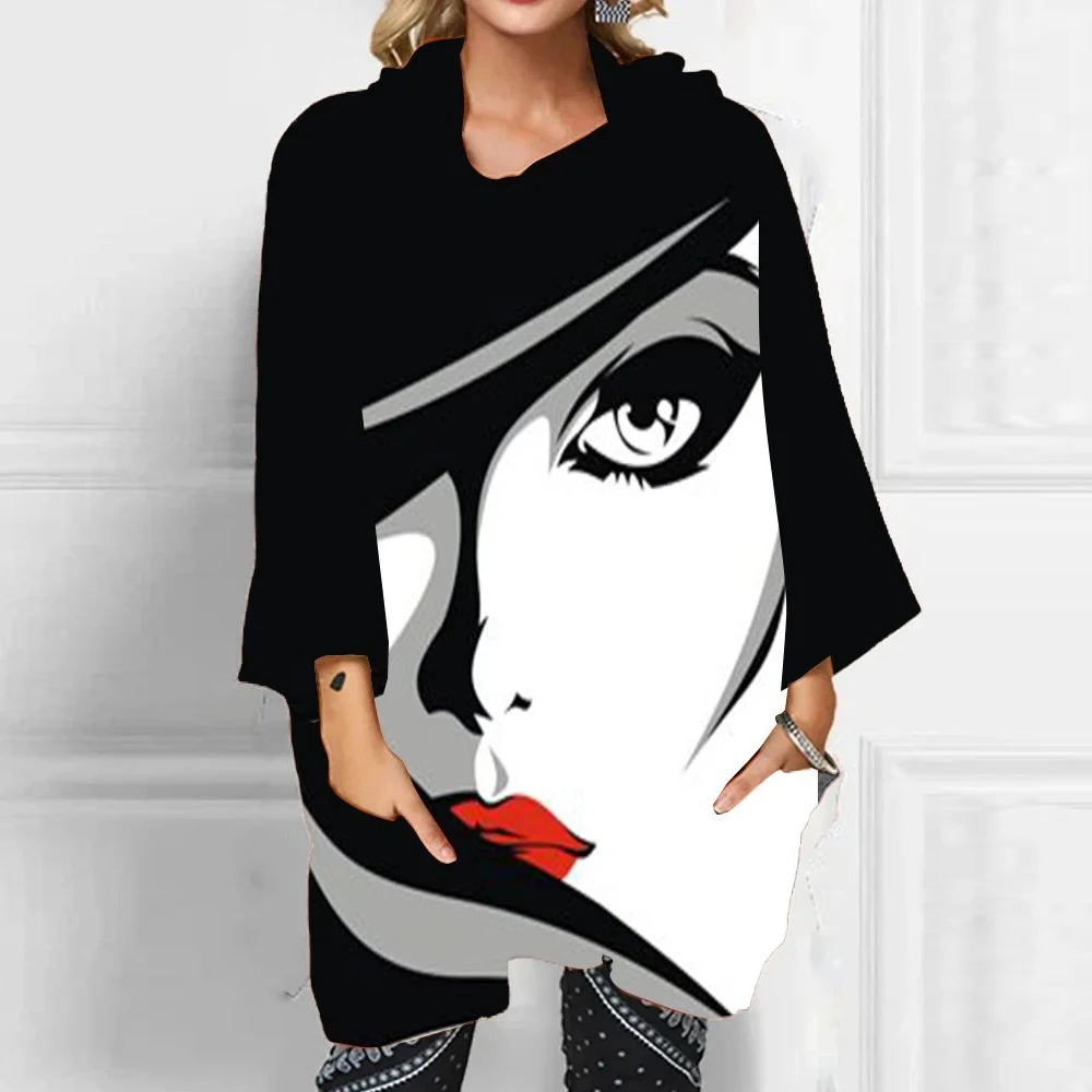 

2020 Autumn/Winter Pure Cotton Linen Long-Sleeved High-Necked Anime Tops White Black Abstract Casual Shirts And Top Women's Tops