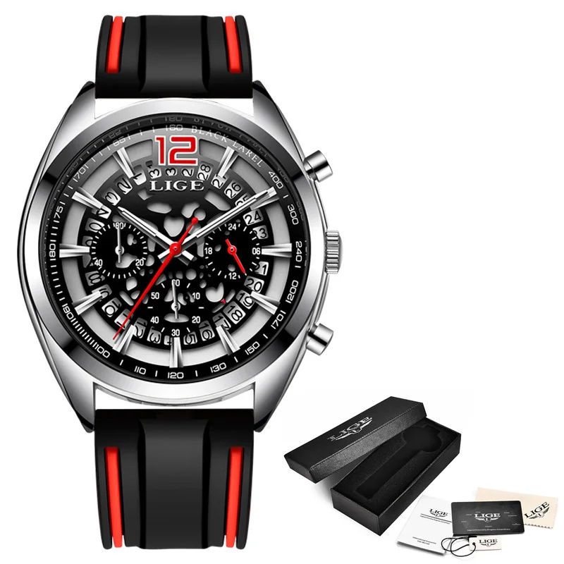 Полые мужские s часы лучший бренд класса люкс мужские силиконовые ремешок военные водонепроницаемые кварцевые часы мужские спортивные наручные часы Reloj Hombre - Цвет: Silver red